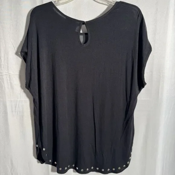 New Directions Black Studded Top Women 1X Short Sleeve Blouse Casual Chic - Picture 2 of 8